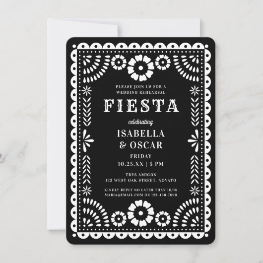 Black & White Papel Picado Wedding Rehearsal Party Kaart (Voorkant)