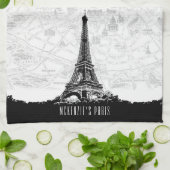  Black White Paris Eiffel Tower Add Name Theedoek (Gevouwen)
