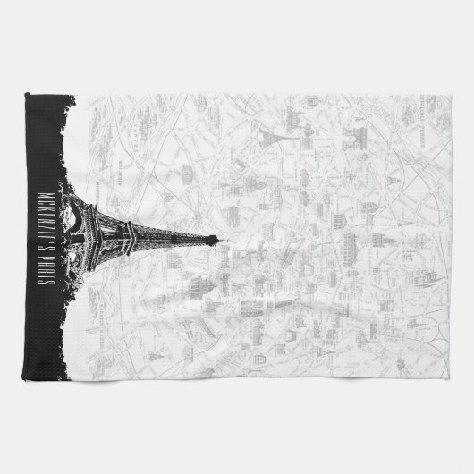  Black White Paris Eiffel Tower Add Name Theedoek (Horizontaal)