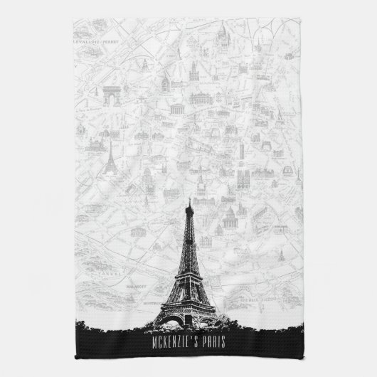  Black White Paris Eiffel Tower Add Name Theedoek (Verticaal)