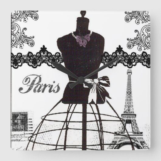 Black White Paris Mode Mannequin Vierkante Klok (Voorkant)