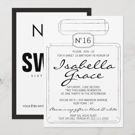 Black & White PARIS Theme SWEET SIXTEEN 16 PARTIJ Kaart (Voorkant / Achterkant)