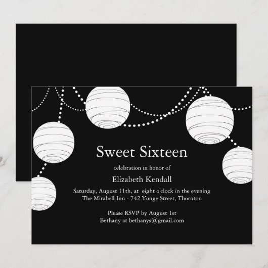 Black & White Party Lantaarn Sweet 16 Uitnodiging (Voorkant / Achterkant)