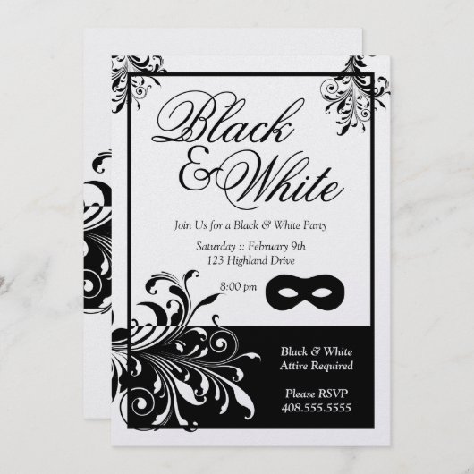 Black & White Party Uitnodiging (Voorkant / Achterkant)
