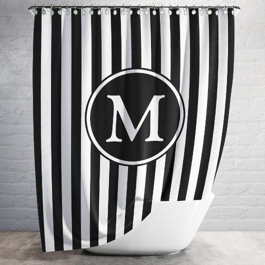 Black White Pattern Striped Monogramed Douchegordijn