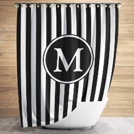 Black White Pattern Striped Monogramed Douchegordijn