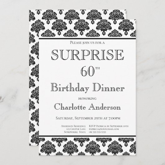 Black White Pattern Surprise 60th Birthday Dinner Kaart (Voorkant / Achterkant)