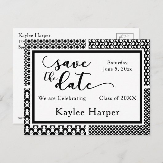 Black & White Patterns Afstuderen Save the Date Aankondigingskaart (Voorkant / Achterkant)