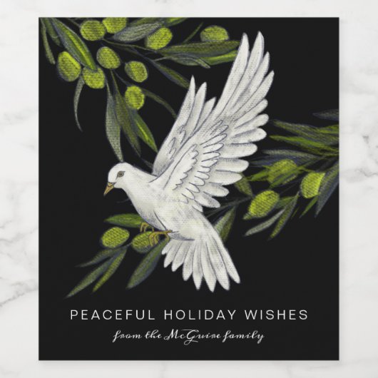 Black White Peace Dove and Olive Branches Custom Wijn Etiket (Enkel label)