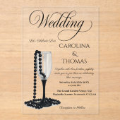 Black & White Pearl Champagne Glass Wedding Acryl Uitnodigingen (Voorkant)