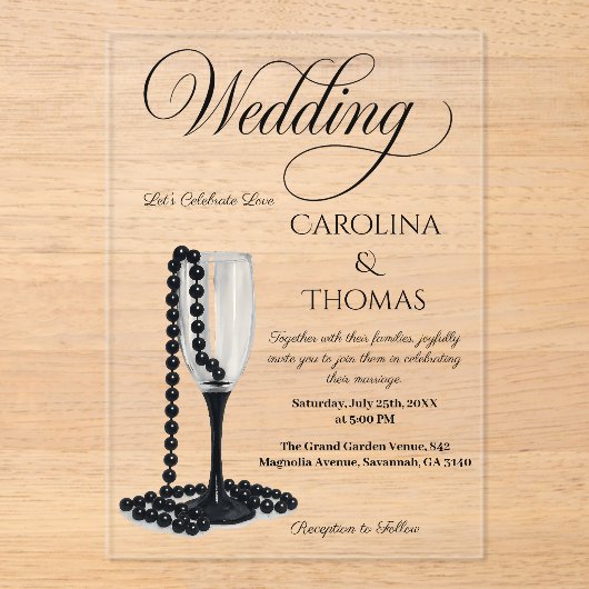 Black & White Pearl Champagne Glass Wedding Acryl Uitnodigingen (Voorkant)