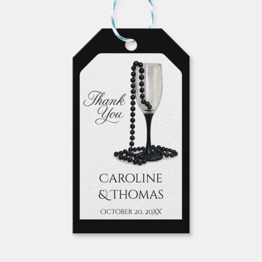 Black & White Pearl Champagne Glass Wedding Cadeaulabel (Voorkant)