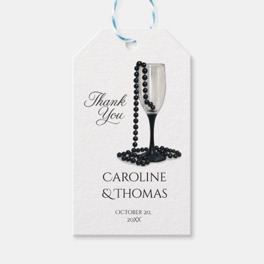 Black & White Pearl Champagne Glass Wedding Cadeaulabel (Voorkant)