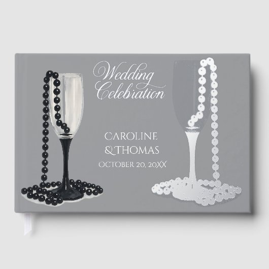 Black & White Pearl Champagne Glass Wedding Gastenboek (Voorkant)