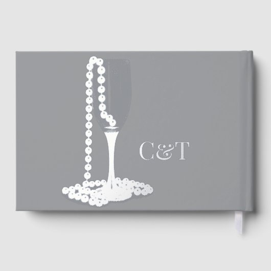 Black & White Pearl Champagne Glass Wedding Gastenboek (Achterkant)