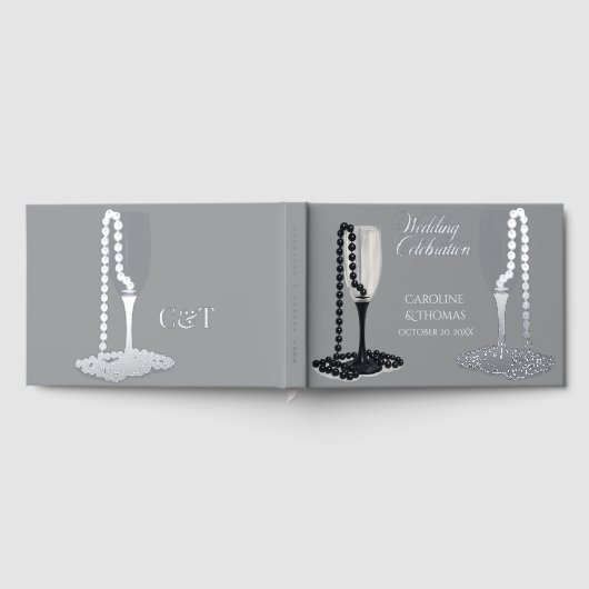 Black & White Pearl Champagne Glass Wedding Gastenboek (Volledig)