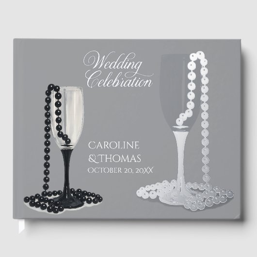 Black & White Pearl Champagne Glass Wedding Gastenboek (Voorkant)