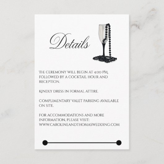 Black & White Pearl Champagne Glass Wedding Informatiekaartje (Voorkant)