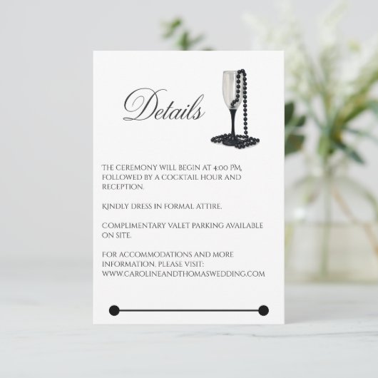 Black & White Pearl Champagne Glass Wedding Informatiekaartje (Staand voorkant)