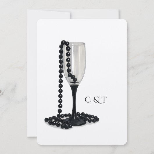 Black & White Pearl Champagne Glass Wedding Kaart (Achterkant)
