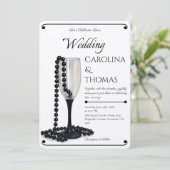 Black & White Pearl Champagne Glass Wedding Kaart (Staand voorkant)