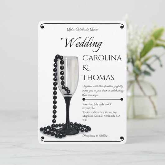 Black & White Pearl Champagne Glass Wedding Kaart (Staand voorkant)
