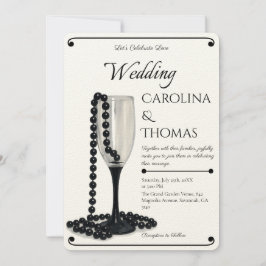 Black & White Pearl Champagne Glass Wedding Kaart