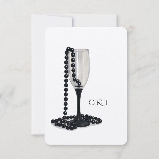 Black & White Pearl Champagne Glass Wedding RSVP Kaartje (Achterkant)