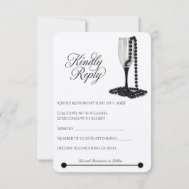 Black & White Pearl Champagne Glass Wedding RSVP Kaartje