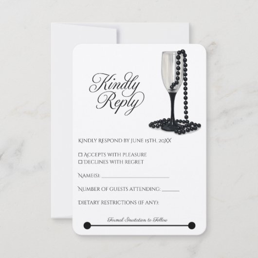 Black & White Pearl Champagne Glass Wedding RSVP Kaartje (Voorkant)