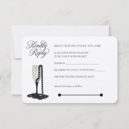 Black & White Pearl Champagne Glass Wedding RSVP Kaartje