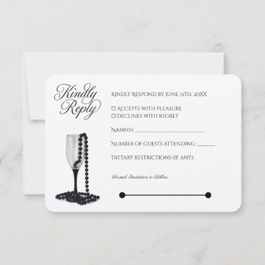Black & White Pearl Champagne Glass Wedding RSVP Kaartje (Voorkant)