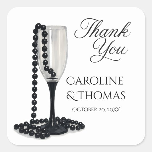 Black & White Pearl Champagne Glass Wedding Vierkante Sticker (Voorkant)