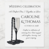 Black & White Pearl Champagne Glass Wedding Wijn Etiket (Enkel label)