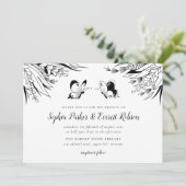 Black White Pen Ink Butterfly Floral Wedding Kaart (Staand voorkant)