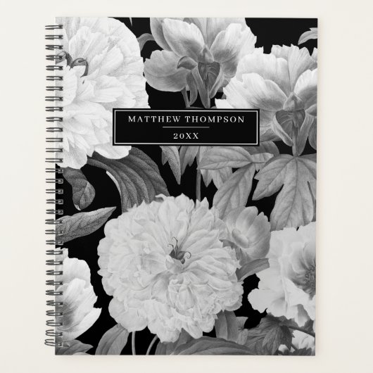 Black & White Peonies Waterverf Bloemenalbum Planner (Voorkant)
