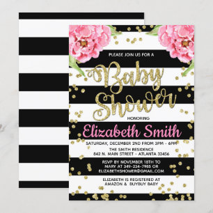 Black & White Peony Baby shower Kaart