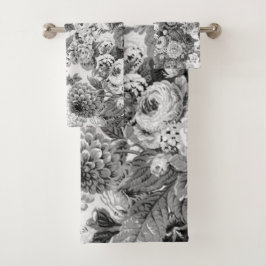 Black White  Peony Dahlias Floral Toile Bad Handdoek