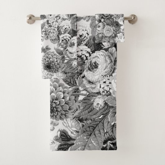 Black White  Peony Dahlias Floral Toile Bad Handdoek (Insitu)