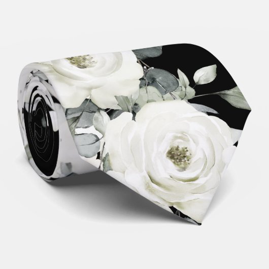 Black & White Peony Greenery Wedding Stropdas (Opgerold)