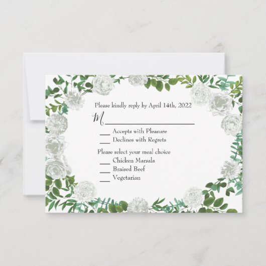 Black & White Peony Roos Invitation Reply Kaart (Voorkant)