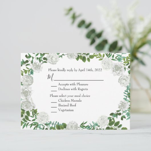 Black & White Peony Roos Invitation Reply Kaart (Staand voorkant)