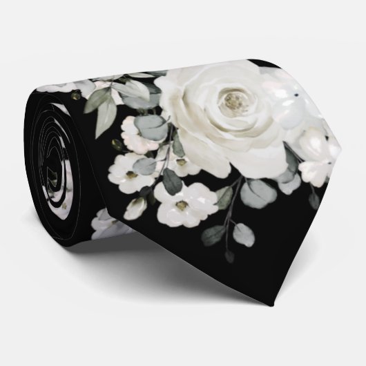 Black & White Peony Sage Eucalyptus Weddenschap Stropdas (Opgerold)