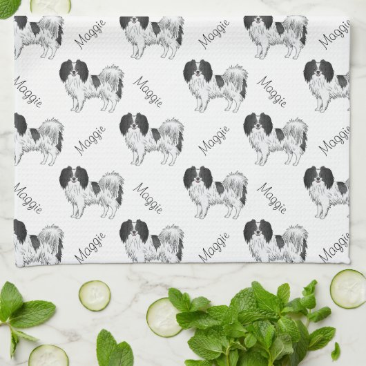 Black White Phalène Dog Pattern with Dog Name Theedoek (Gevouwen)