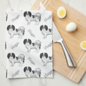 Black White Phalène Dog Pattern with Dog Name Theedoek (Quarter Fold)