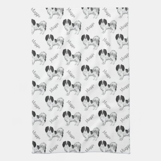 Black White Phalène Dog Pattern with Dog Name Theedoek (Verticaal)