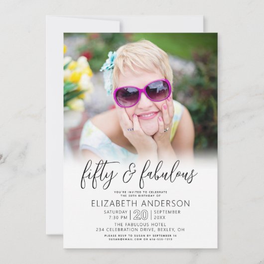 Black White Photo 50 Fabulous Birthday Script Bold Kaart (Voorkant)