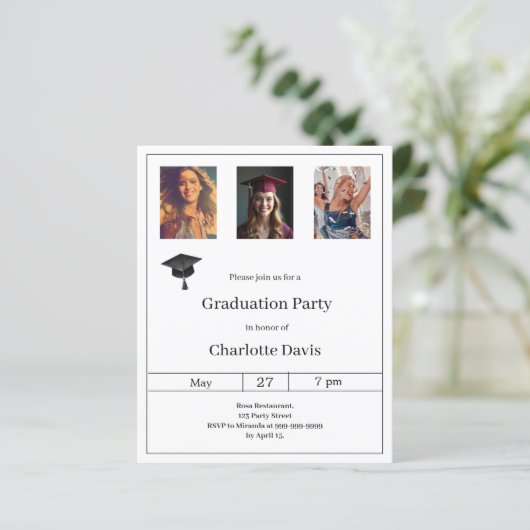 Black white photo Graduation Party invitation (Staand voorkant)