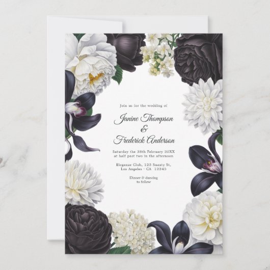 Black & White Photo/QR Code Floral Wedding Kaart (Voorkant)