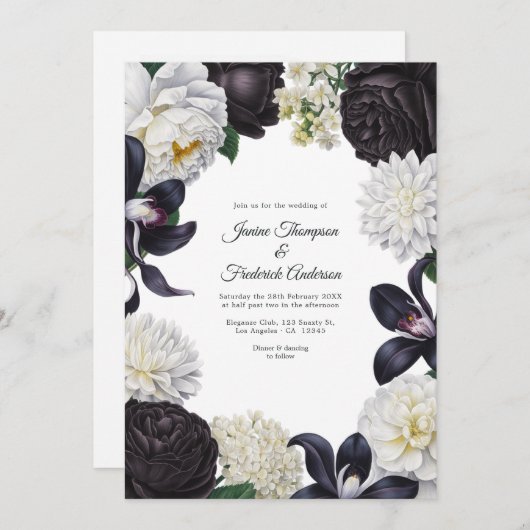 Black & White Photo/QR Code Floral Wedding Kaart (Voorkant / Achterkant)